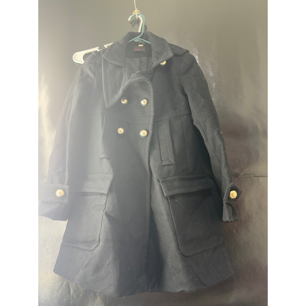 Via Womens Black 100% Wool Double‎ Breasted Pea Coat Gold Buttons Size XXS